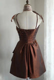 Vintage Brown Beading Design A-line Spaghetti Strap Party Dresses Homecoming Dresses, HZ1024