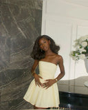 Vintage Faint Yellow Strapless A-Line Homecoming Dress Party Dress Cocktail Dress HZ1024