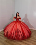 Gorgeous Red Applique Beaded Sweetheart Off-the-shoulder Sweet 16 Quinceanera A-Line Tulle Floor-length Prom Dress Birthday Dress Evening Dress Ball Gown HZ1024