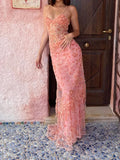 Vintage Pink Lace Sheath Prom Dress Long Evening Dress Spaghetti Strap Formal Dress HZ1024