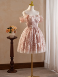 Retro Pink Applique Off-the-shoulder Design A-line Tulle Party Dress Homecoming Dress HZ1024