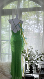 Vintage Shiny Sequin Green Spaghetti Strap Design A-line Romantic Chiffon Evening Dress Prom Dress HZ1024