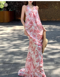 Vintage Pink Floral V-neck Design Elegant Beach Holiday Mermaid Sleeveless Halter Dress Summer Dress Party Dress HZ1024