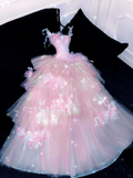 Sparkling Elegant Pink A-Line Tiered Prom Dress Evening Dress Ball Gown HZ1024