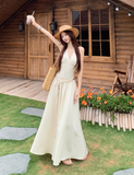 Simple Fashion Beige V-neck Design Beach Holiday A-line with Belt Halter Dress HZ1024