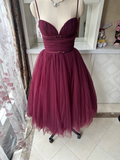 Elegant Burgundy A-Line Evening Gown Sweetheart Spaghetti Strap Party Dress Tulle Long Formal Dress HZ1024