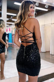Cute Black Sequin Design A-line Spaghetti Strap Homecoming Dress HZ1024
