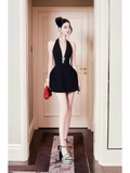 New Fashion Black V-neck Halter Dress Design A-line Party Dress Homecoming Dress HZ1024