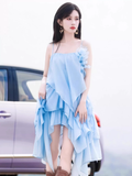 New Fashion Light Blue 3D Flower Spaghetti Strap Irregular Hem Design Summer Party Dress HZ1024