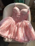 Fashion Pink Sweetheart Floral Spaghetti Strap Design A-line Chiffon Party Dress Homecoming Dress HZ1024