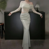 New Fashion Light Green Irregular One-shoulder Style Mesh Long-sleeved Dress HZ1024