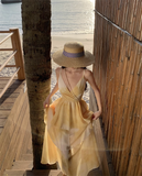 New Simple Yellow Floral Design A-Line Beach Holiday Spaghetti Strap Dress HZ1024