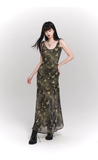 Vintage Butterfly Green Mesh Spaghetti Strap Dress HZ1024