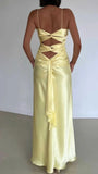 Vintage Yellow V-neck Mermaid Satin Spaghetti Strap Party Dress Evening Gown Bridesmaid Dress HZ1024