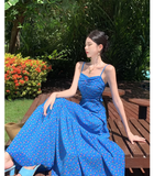 Simple Fashion Blue Floral Design A-line Long Spaghetti Strap Dress HZ1024