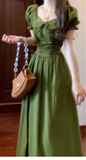 Vintage Olive Green Prom Dress A-Line Short-sleeve Evening Dress Long Formal Dress HZ1024