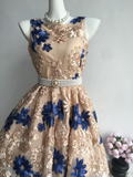 Retro Floral Applique Pearl Belt Design A-line Elegant Homecoming Dress Birthday Dress Party Dress HZ1024