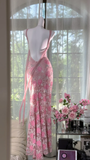 Vintage Gorgeous Pink Floral V-neck Applique Elegant Chiffon Long Evening Dress Prom Dresses HZ1024