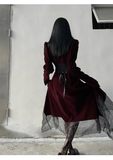 Elegant Fashion Red Velvet Irregular Dress Edge Design Gothic style party High-waisted Long-sleeved Dress HZ1024