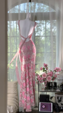 Vintage Gorgeous Pink Floral V-neck Applique Elegant Chiffon Long Evening Dress Prom Dresses HZ1024