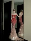 Vintage Gradient Red Sweetheart Strapless Mermaid Design Sexy Prom Dress Evening Dress HZ1024