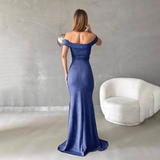 Vintage Shiny Blue Off-the-shoulder Sheath High Slit Long Prom Dress Evening Dress HZ1024