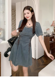 New Fashion Waist-cinching Design A-line Short-sleeved Denim Dress HZ1024
