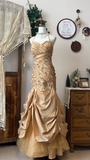 Vintage Golden Applique Ruffle Mermaid Elegant Satin Tulle Evening Dress Prom Dresses HZ1024