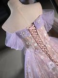Vintage Light Purple Applique Floral Beaded Off-the-shoulder Design A-line Tulle Party Dress Homecoming Dress HZ1024