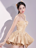 Vintage Golden Halter Dress Design A-line Satin Ruffled Hem Party Dress Homecoming Dress HZ1024