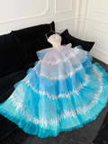 Gorgeous Sparkling Blue Sequin A-Line Elegant Chiffon Evening Dress Prom Dresses Ball Gown HZ1024