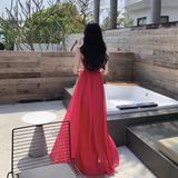 New Elegant Stylish Rose Red High-waisted Spaghetti Strap Dress HZ1024