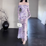 Women Elegant Mesh Butterfly Print Lavender Slim Long-sleeved Dress HZ1024