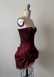Burgundy Strapless Sheath Satin Lace-up Short Party Dresses Homecoming Dress HZ1024