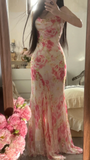 Retro Pink Floral Spaghetti Strap Design Elegant Chiffon Evening Dress Prom Dresses HZ1024
