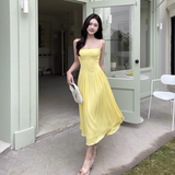 Women New Simple Fashion Yellow High-waist Spaghetti Strap Dress HZ1024