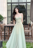 Vintage Sage Green Chiffon Prom Dress A-Line Spaghetti Strap Evening Dress Long Formal Dress HZ1024