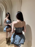 Cute Bow Design A-Line Strapless Denim Short Dress HZ1024