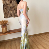 Elegant Floral Spaghetti Strap Mermaid Long Summer Dress Prom Dress Evening Dress HZ1024