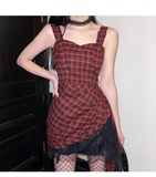 New Fashion Design Sense Red & Black Plaid Spaghetti Strap Dress HZ1024
