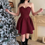 Vintage Burgundy Sweetheart Strapless A-Line Sleeveless Short Summer Dresses Party Dress Homecoming Dress HZ1024