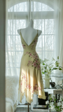 Vintage Light Green Spaghetti Strap Floral Design A-line Romantic Chiffon Evening Dress Prom Dress HZ1024