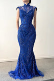 CLASSY LONG ROYAL BLUE HIGH NECK LACE SLEEVELESS EVENING PARTY GOWNS WITH DETACHABLE TRAIN HZ1024
