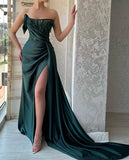 CLASSY LONG DARK GREEN SLEEVELESS BEADING EVENING PARTY GOWNS LONG SLIT HZ1024