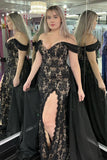 Mermaid Black Lace Off-the-Shoulder Long Prom Gown with Attached Train HZ1024
