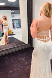 Two-Piece Sequins Appliques Lace-Up Back Mermaid Long Prom Dress HZ1024