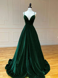 Simple A-Line Velvet Green Long Prom Dress, Green Long Formal Dress HZ1024