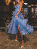 Blue tulle tea length prom dress, blue tulle evening dress HZ1024