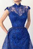 CLASSY LONG ROYAL BLUE HIGH NECK LACE SLEEVELESS EVENING PARTY GOWNS WITH DETACHABLE TRAIN HZ1024