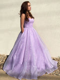 Purple tulle sequin long prom dress, purple tulle evening dress HZ1024